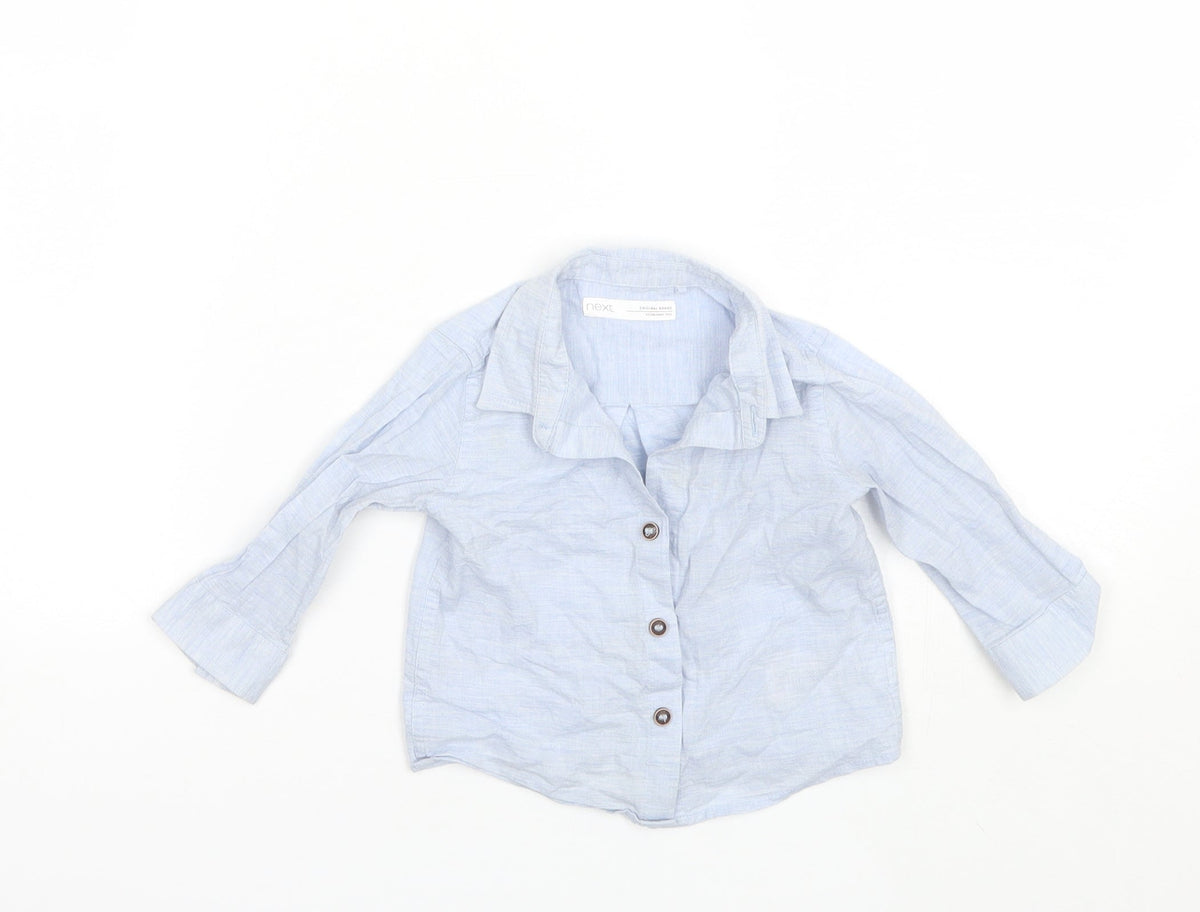 Additional front view of Next Baby Blue Cotton Basic Button-Up, size 6-9, Months Collared