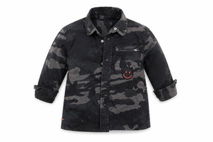 Front view of Next boys’ black camouflage cotton basic button-up, size 3, years collared