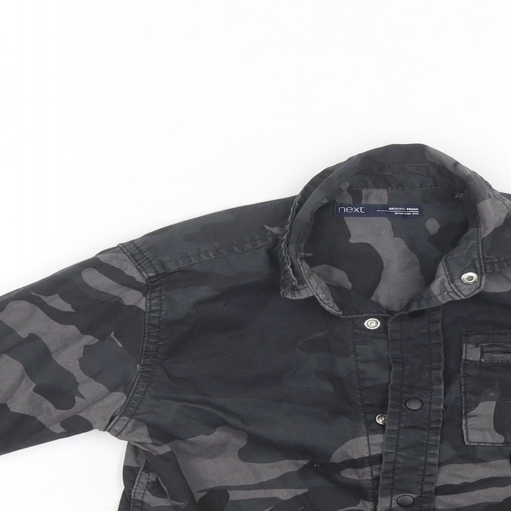 Close-up detail of Next boys’ black camouflage cotton basic button-up, size 3, years collared