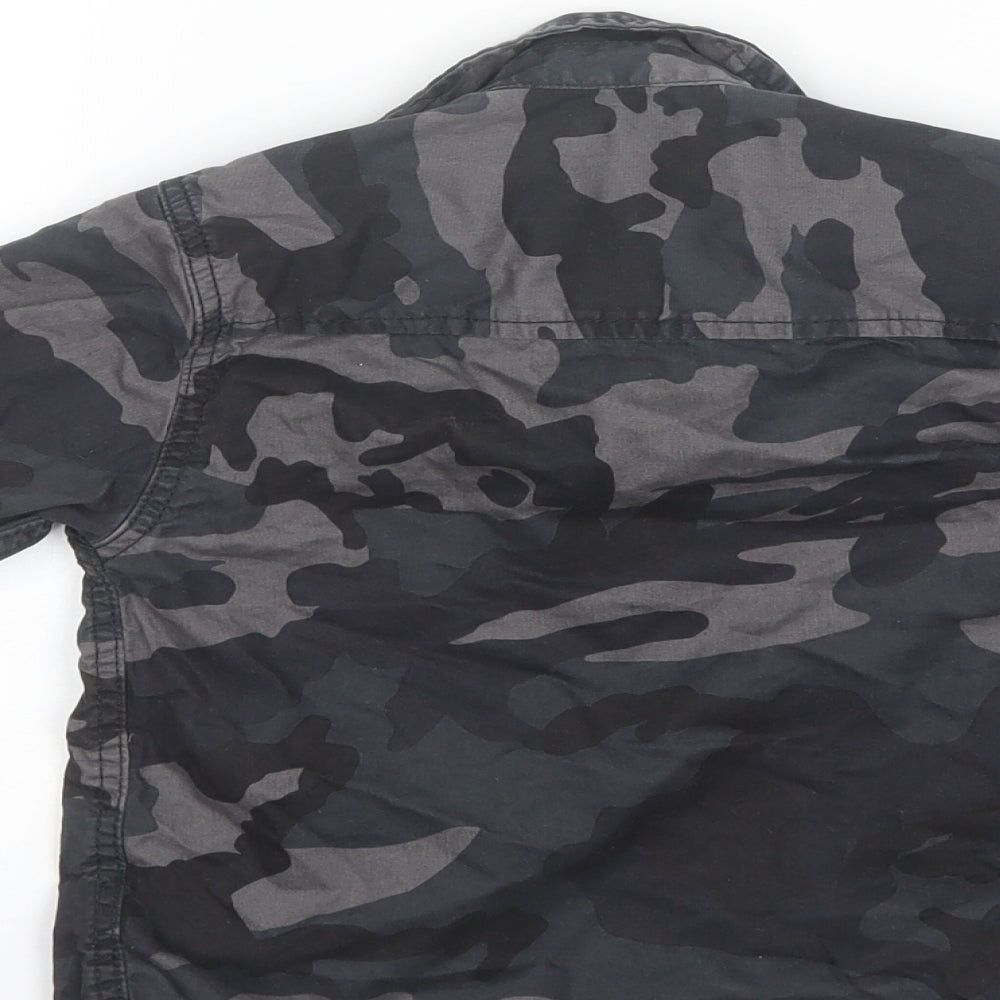 Brand and care label for Next boys’ black camouflage cotton basic button-up, size 3, years collared