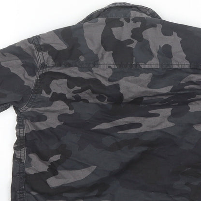 Brand and care label for Next boys’ black camouflage cotton basic button-up, size 3, years collared