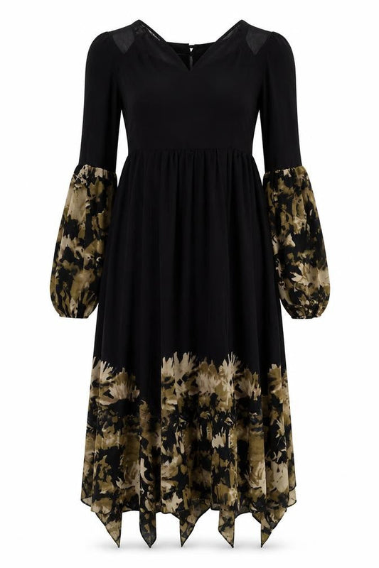 Front view of Wangazu women’s black animal print polyester fit & flare, size S, v-neck