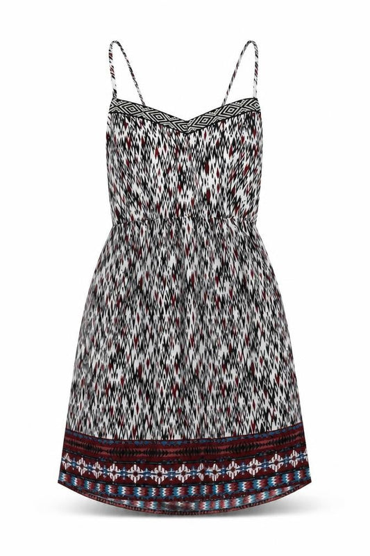 Front view of Three Pink Hearts women’s multicoloured geometric polyester fit & flare, size L, v-neck
