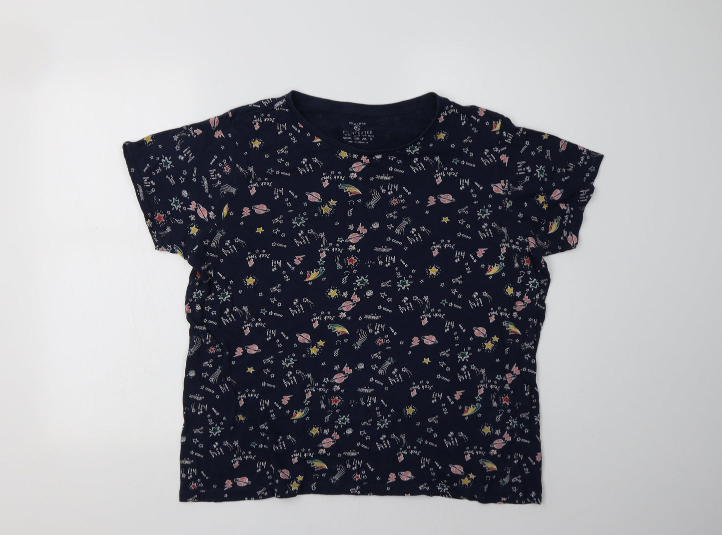 Primark Womens Blue Geometric Cotton Basic T-Shirt Size XL Crew Neck