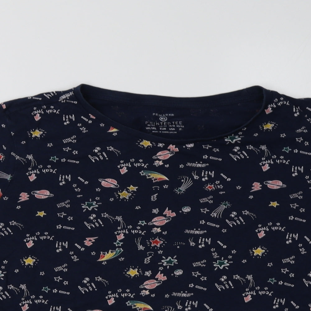 Primark Womens Blue Geometric Cotton Basic T-Shirt Size XL Crew Neck