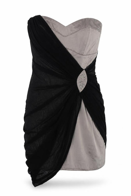 Front view of Lipsy women’s black polyamide bodycon, size UK 8, off the shoulder