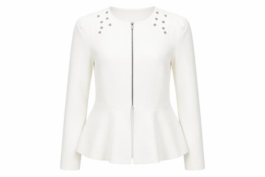 Front view of Love Label women’s white jacket blazer, size UK 10