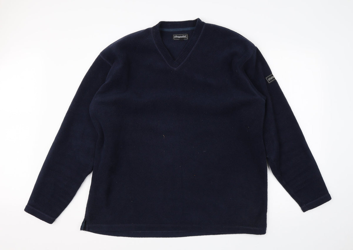 Front view of Highpoint men’s blue v-neck polyester jumper, size L