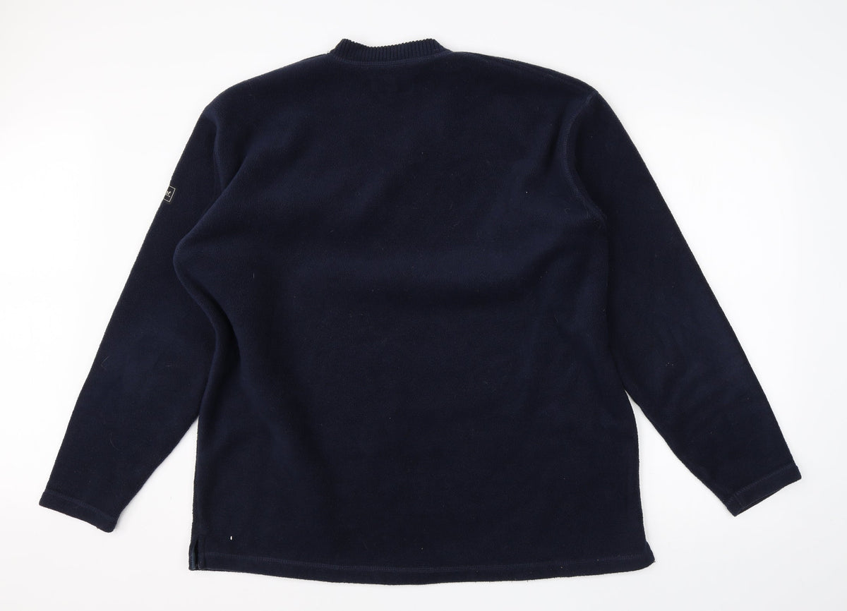 Back view of Highpoint men’s blue v-neck polyester jumper, size L