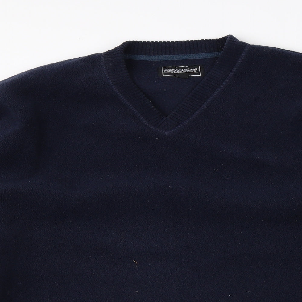 Close-up detail of Highpoint men’s blue v-neck polyester jumper, size L