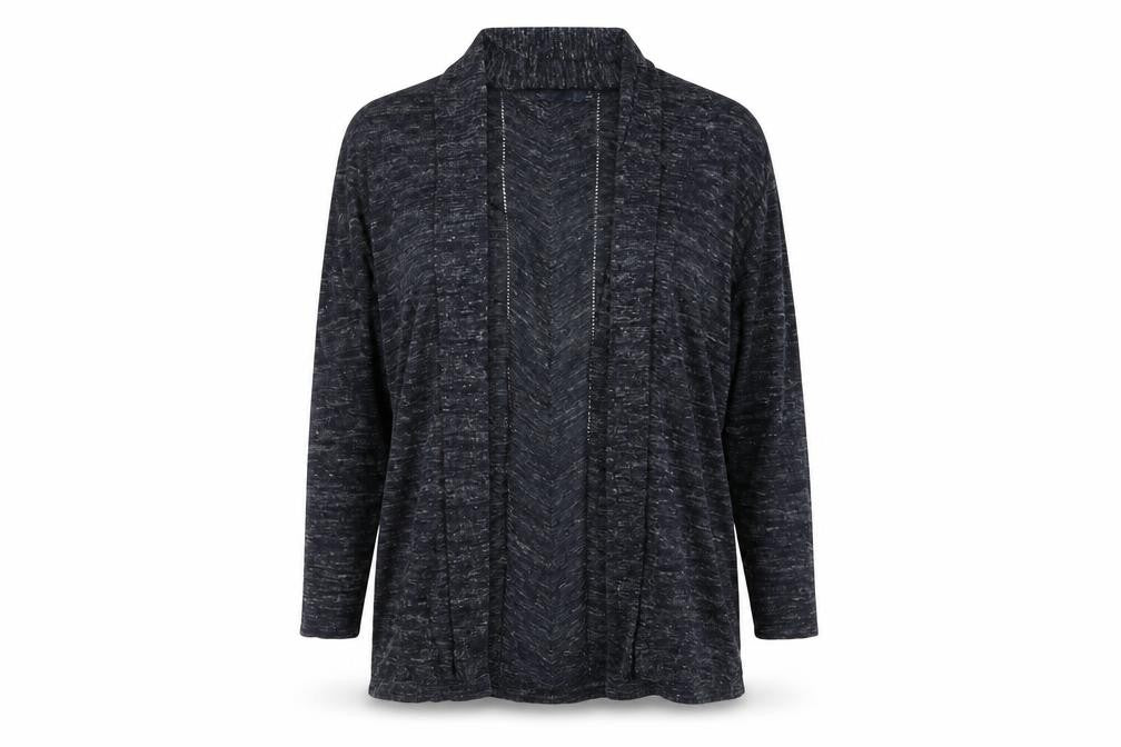 Front view of Isle women’s blue v-neck acrylic cardigan jumper, size M, - blue white mix longline