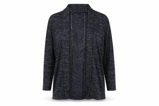 Front view of Isle women’s blue v-neck acrylic cardigan jumper, size M, - blue white mix longline