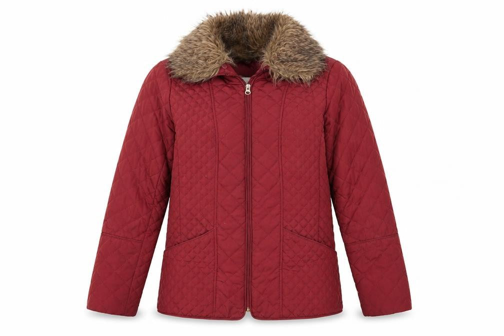 Front view of Marks & Spencer women’s brown quilted coat, size UK 10, - chestnut brown removeable faux fur collar