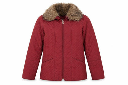 Front view of Marks & Spencer women’s brown quilted coat, size UK 10, - chestnut brown removeable faux fur collar