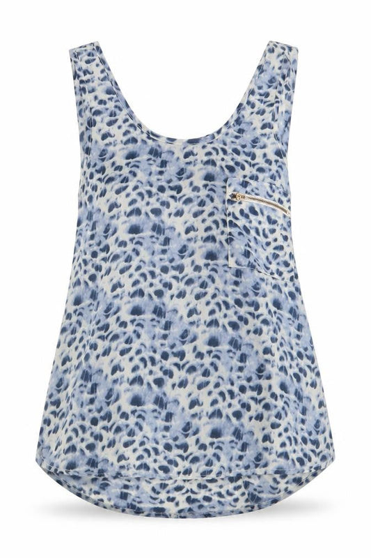 Front view of Atmosphere women’s blue animal print polyester tunic blouse, round neck - open & elasticated lower back with