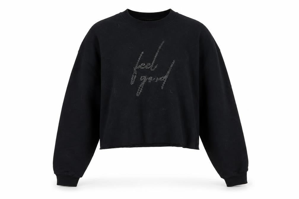 Front view of River Island women’s black pullover sweatshirt, size L, - feel good cropped