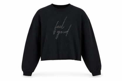 Front view of River Island women’s black pullover sweatshirt, size L, - feel good cropped