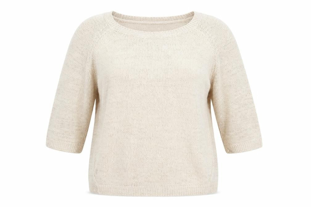 Front view of River Island women’s beige square neck viscose jumper, size S, - subtle shimmer effect