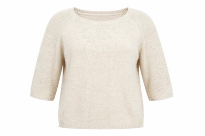 Front view of River Island women’s beige square neck viscose jumper, size S, - subtle shimmer effect