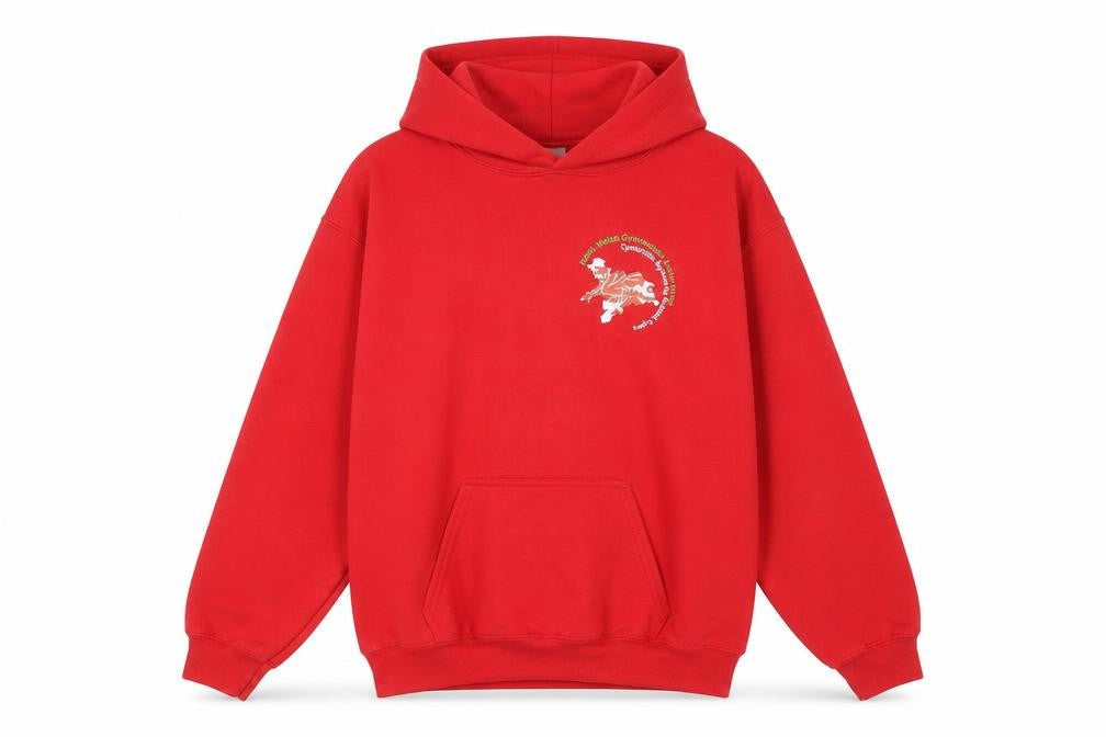 Front view of Gilden girls’ red cotton pullover hoodie, size L
