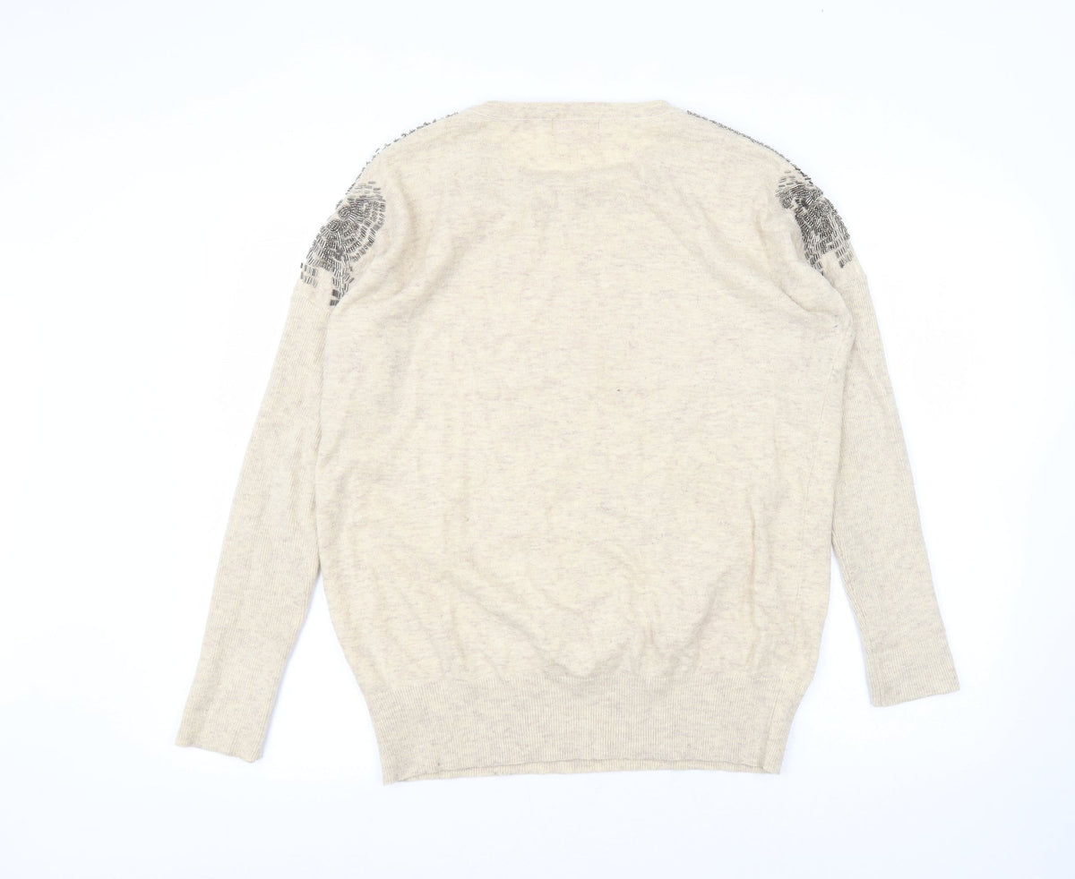 Back view of Derby women’s beige round neck nylon jumper, size L