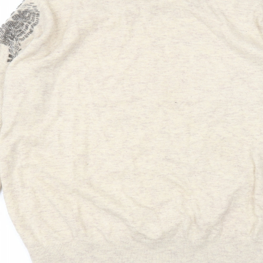 Brand and care label for Derby women’s beige round neck nylon jumper, size L