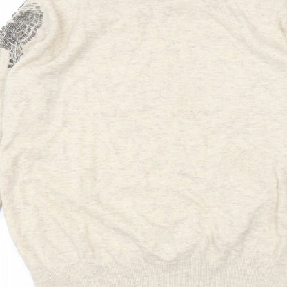 Brand and care label for Derby women’s beige round neck nylon jumper, size L