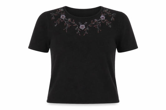 Front view of isabelle women’s black acrylic basic t-shirt, size UK 12, round neck