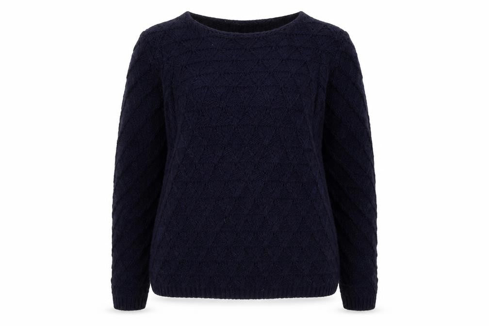 Front view of Debenhams women’s blue round neck acrylic jumper, size UK 20