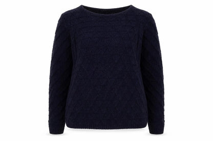 Front view of Debenhams women’s blue round neck acrylic jumper, size UK 20