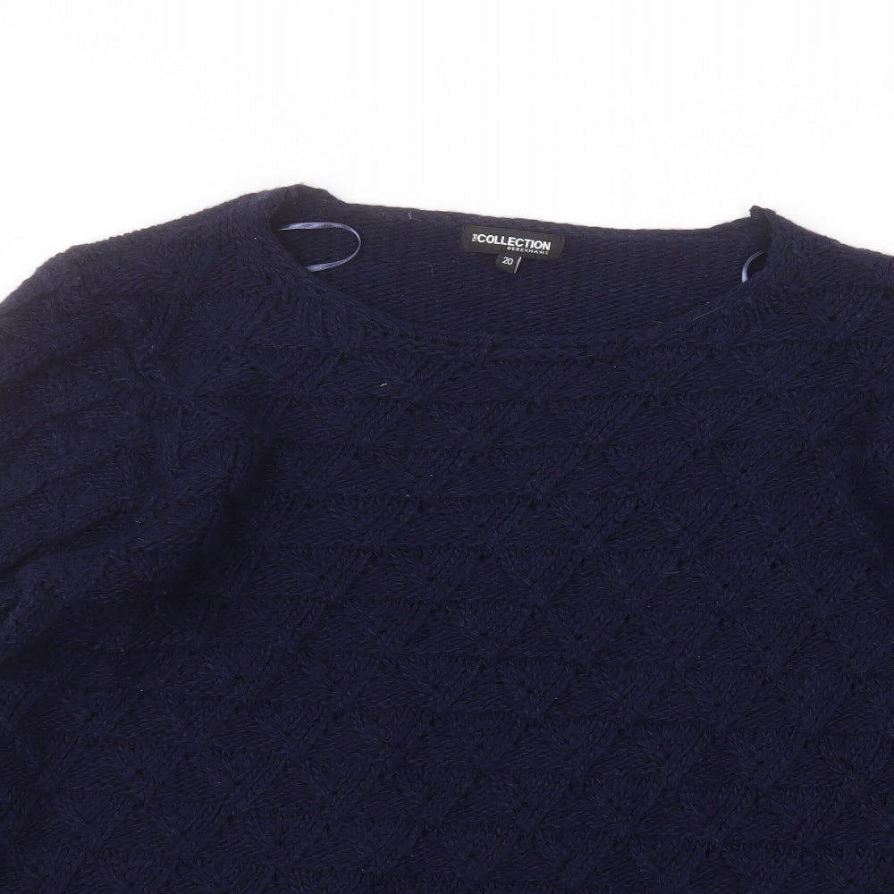 Close-up detail of Debenhams women’s blue round neck acrylic jumper, size UK 20