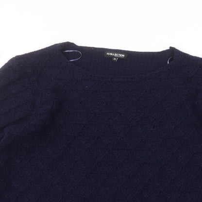 Close-up detail of Debenhams women’s blue round neck acrylic jumper, size UK 20