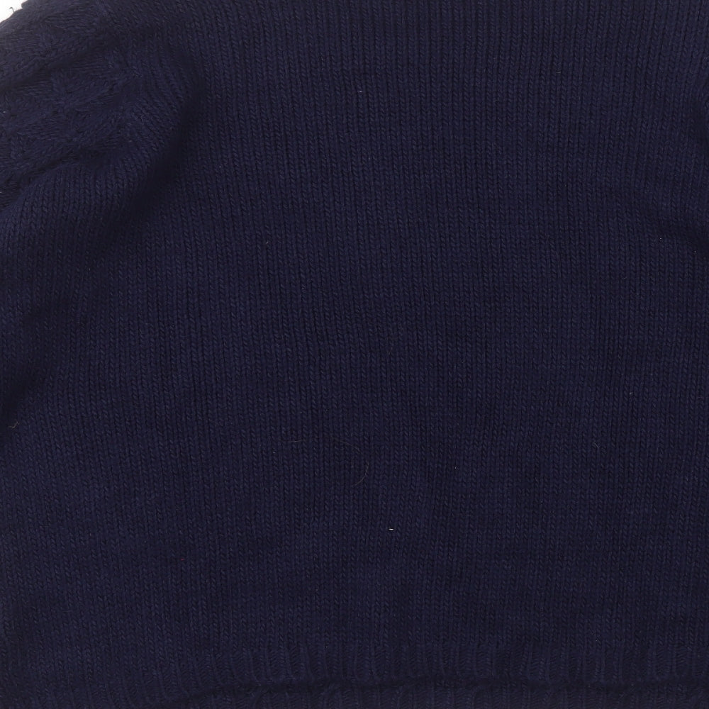 Brand and care label for Debenhams women’s blue round neck acrylic jumper, size UK 20