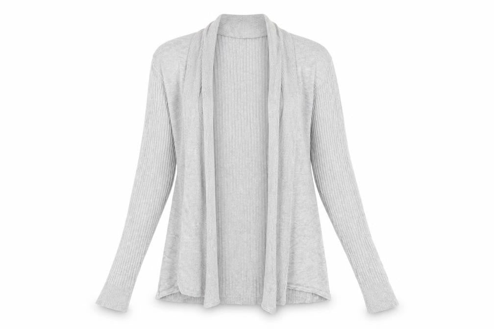 Front view of M&Co women’s grey striped viscose cardigan jumper, size UK 14