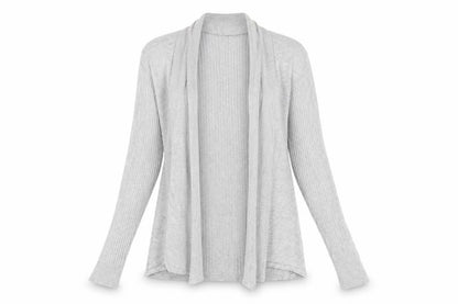 Front view of M&Co women’s grey striped viscose cardigan jumper, size UK 14
