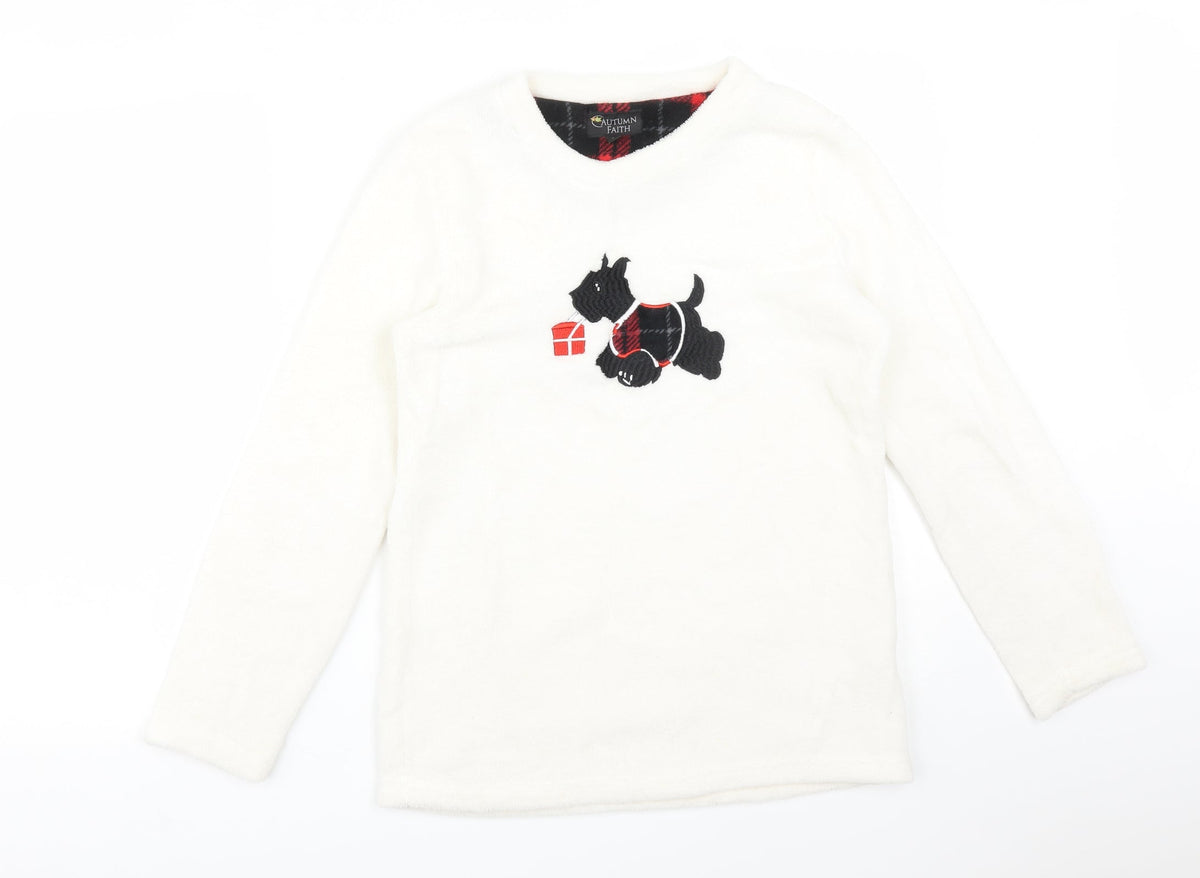 Additional front view of CAUTHUMN FAITH women’s white solid polyester pyjama top, size S, - dog