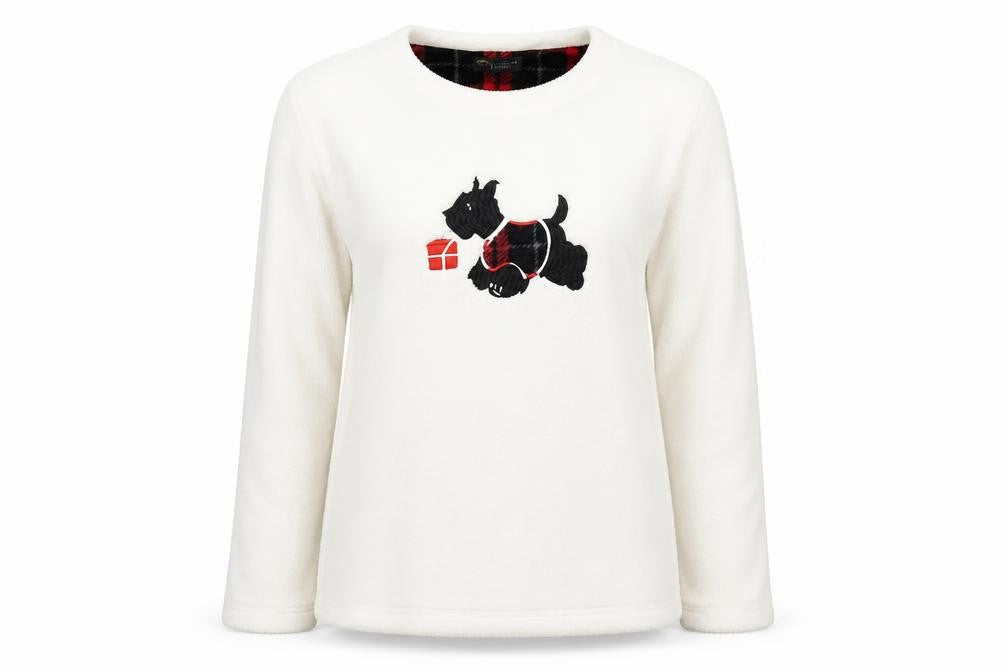 Front view of CAUTHUMN FAITH women’s white solid polyester pyjama top, size S, - dog