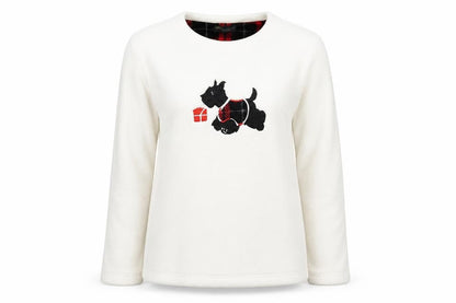 Front view of CAUTHUMN FAITH women’s white solid polyester pyjama top, size S, - dog