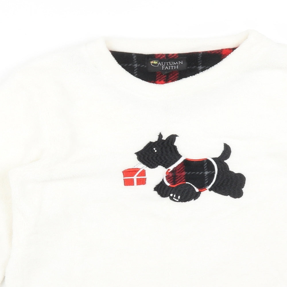 Close-up detail of CAUTHUMN FAITH women’s white solid polyester pyjama top, size S, - dog