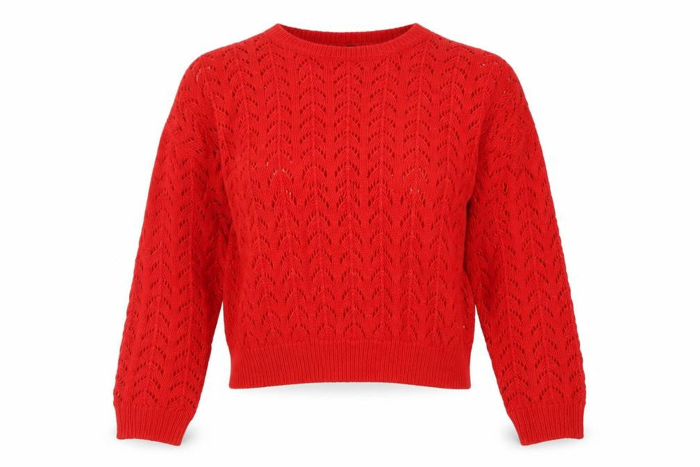 Front view of H&M women’s red geometric acrylic pullover sweatshirt, size M