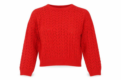 Front view of H&M women’s red geometric acrylic pullover sweatshirt, size M
