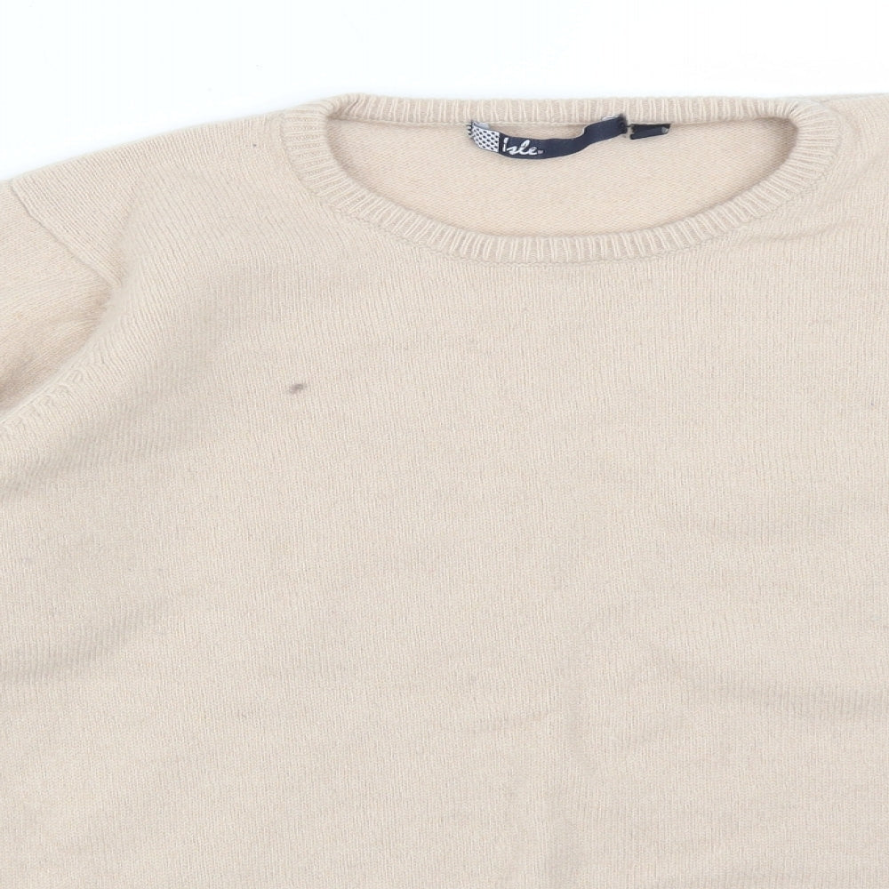 Close-up detail of ISLE women’s beige acrylic pullover sweatshirt, size L