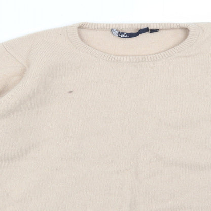 Close-up detail of ISLE women’s beige acrylic pullover sweatshirt, size L