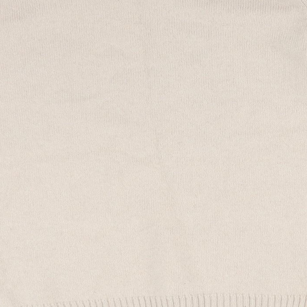 Brand and care label for ISLE women’s beige acrylic pullover sweatshirt, size L
