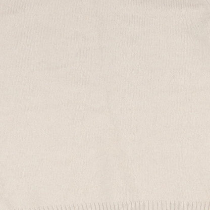 Brand and care label for ISLE women’s beige acrylic pullover sweatshirt, size L