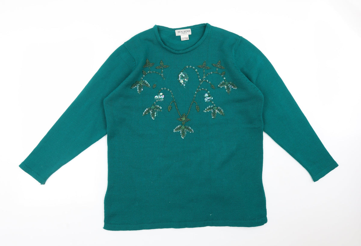Additional front view of BEAU MONDE women’s green acrylic pullover sweatshirt one size