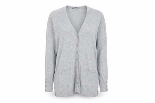 Front view of Papaya women’s grey v-neck viscose cardigan jumper, size UK 10