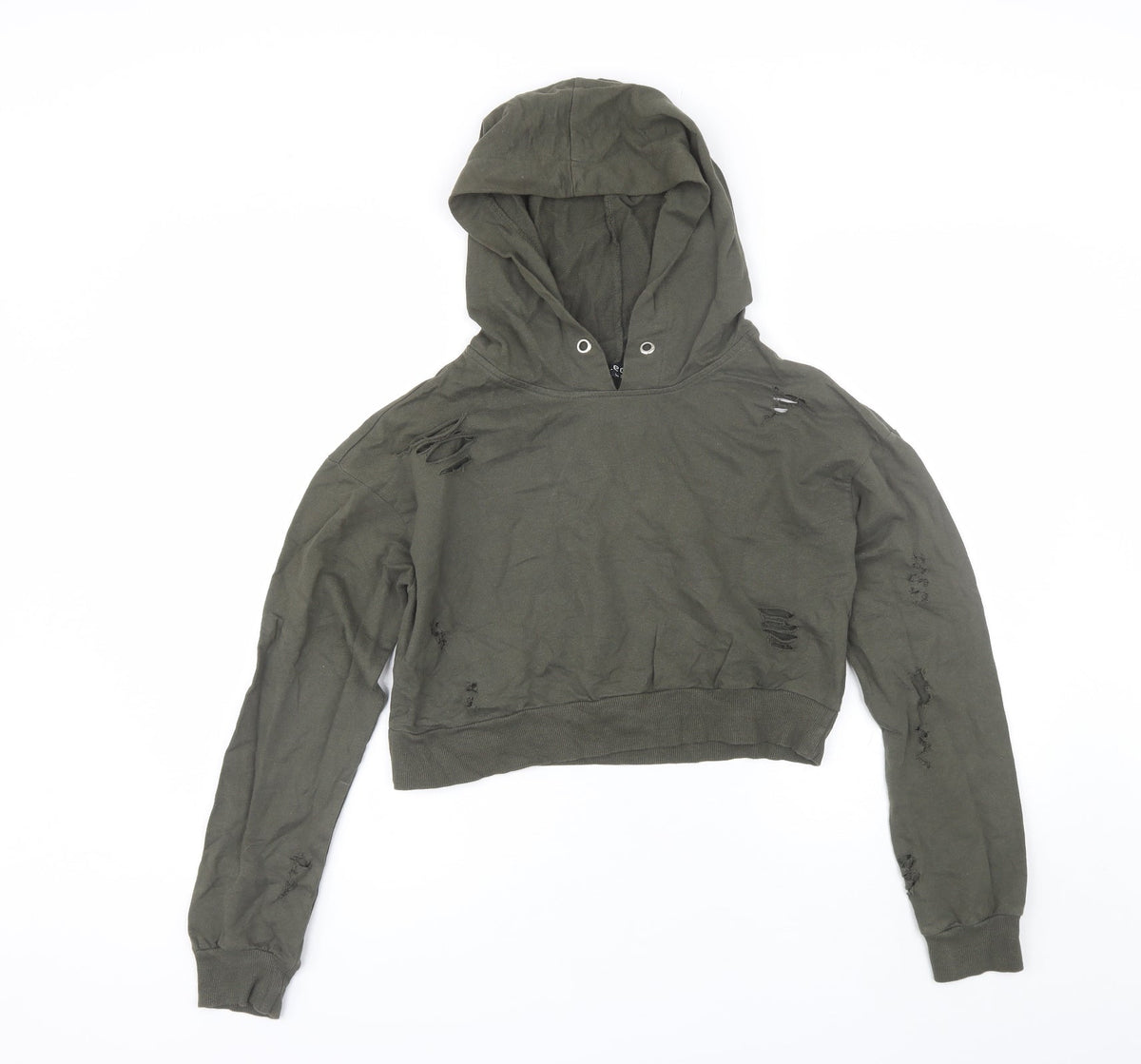 Additional front view of Select women’s green cotton pullover hoodie, size UK 8, - distressed