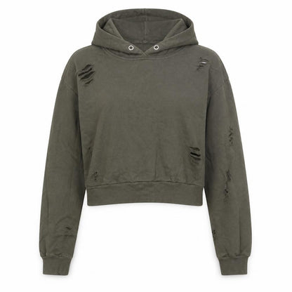 Front view of Select women’s green cotton pullover hoodie, size UK 8, - distressed