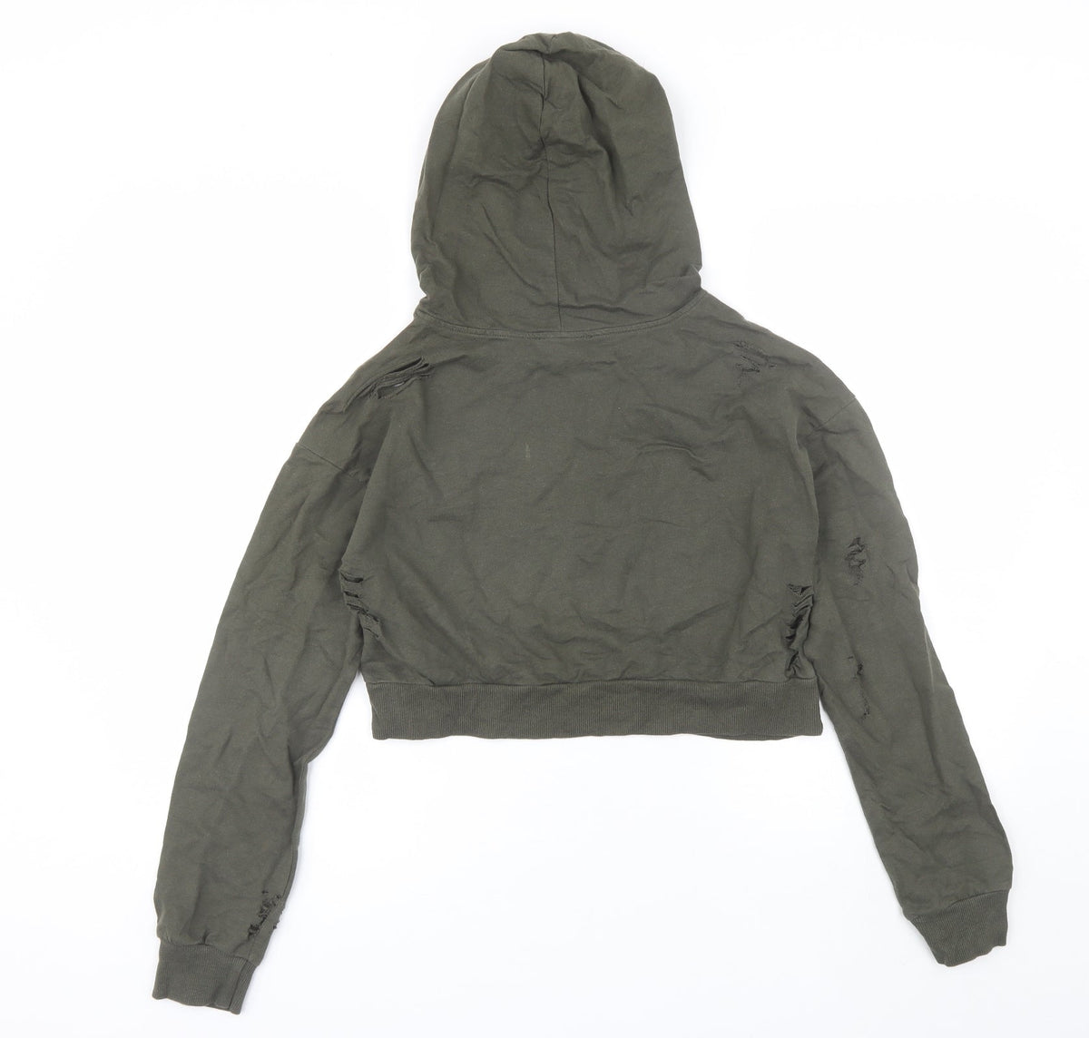 Back view of Select women’s green cotton pullover hoodie, size UK 8, - distressed